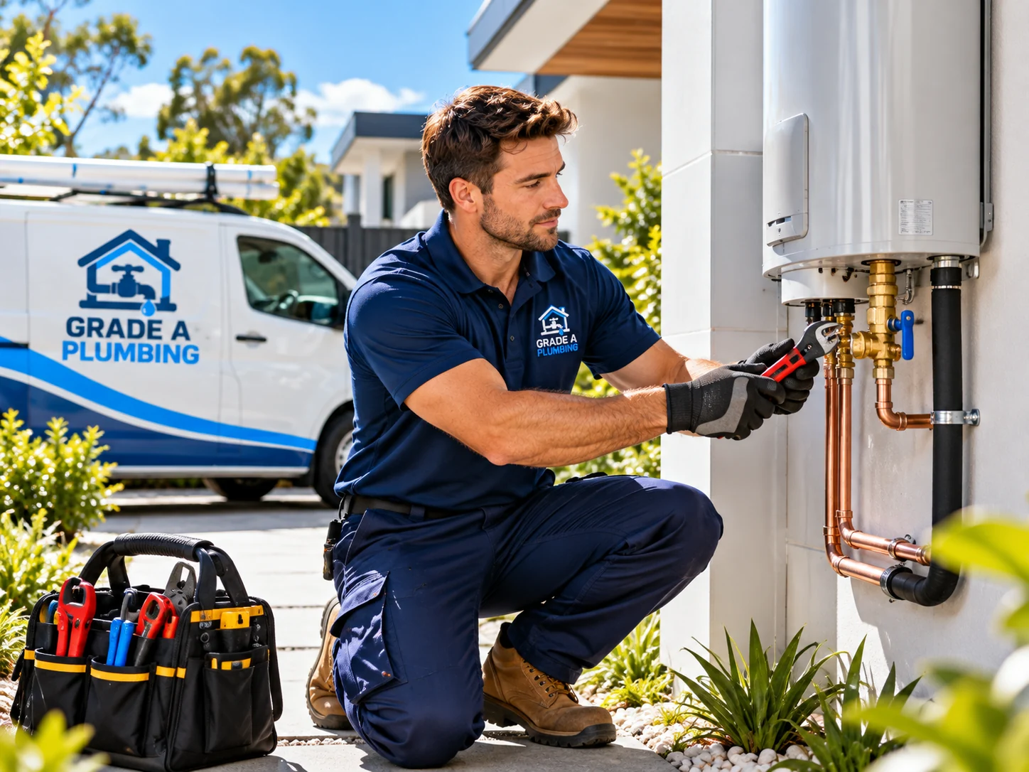 technician beside a hot-water system